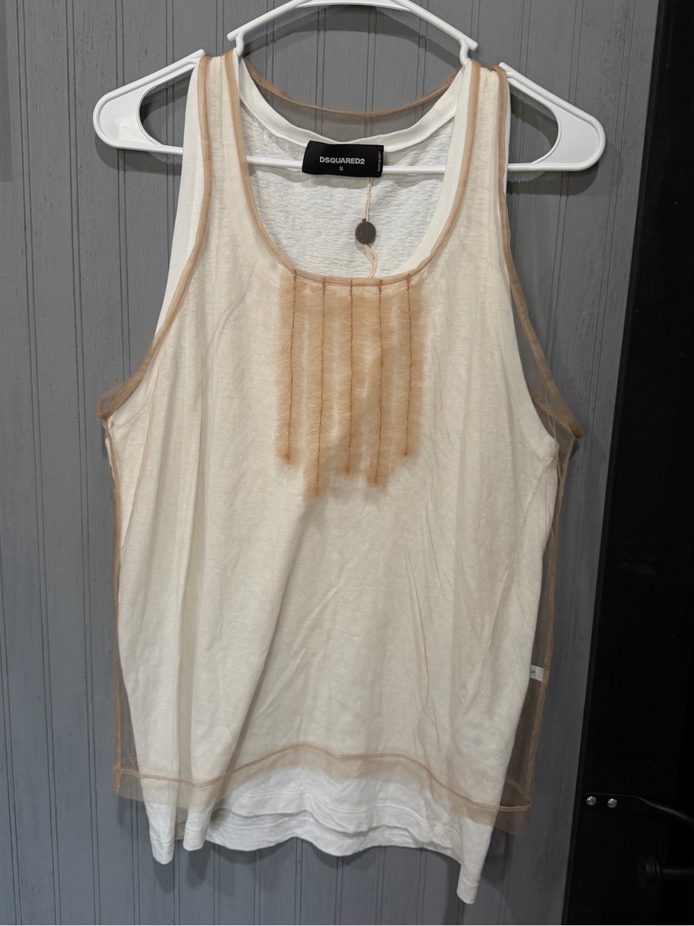 DSQUARED2 White Tank with Beige Sheer Overlay and Front Pleats